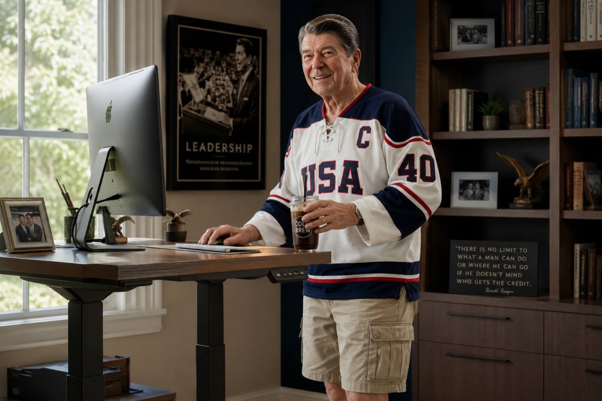 reagan at standing desk drinking a coffee